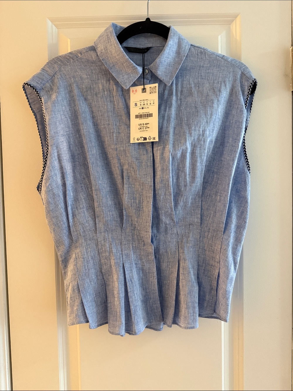 Zara Sleeveless Light Blue Linen-Blend Shirt Top - Women's